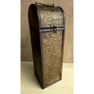 Vintage Brown Wooden Wine Box Embossed Brass Floral Panels Rustic Boho Decor